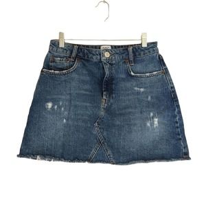 DBG Distressed Raw Hem Denim Jean Mini Fringe A-Line Skirt